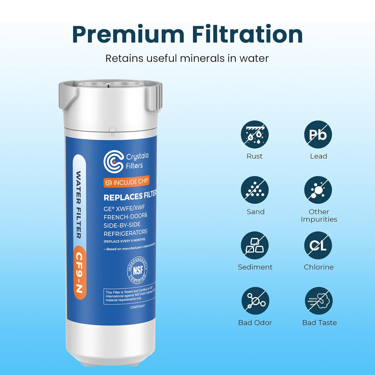 Crystala Filters Water Filter Compatible with XWFE (Built-in CHIP), Replacement for GE XWFE, XWF Refrigerator Water Filter Pack of 1