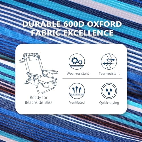 5-Position Aluminum Lay Flat Tall Backpack Beach Chairs 2 Pack, Compact Portable Beach Chairs for Adults with Cooler Pouch, Storage Pouch, Towel Bar, Cup Holder & Phone Holder, Blue Stripe