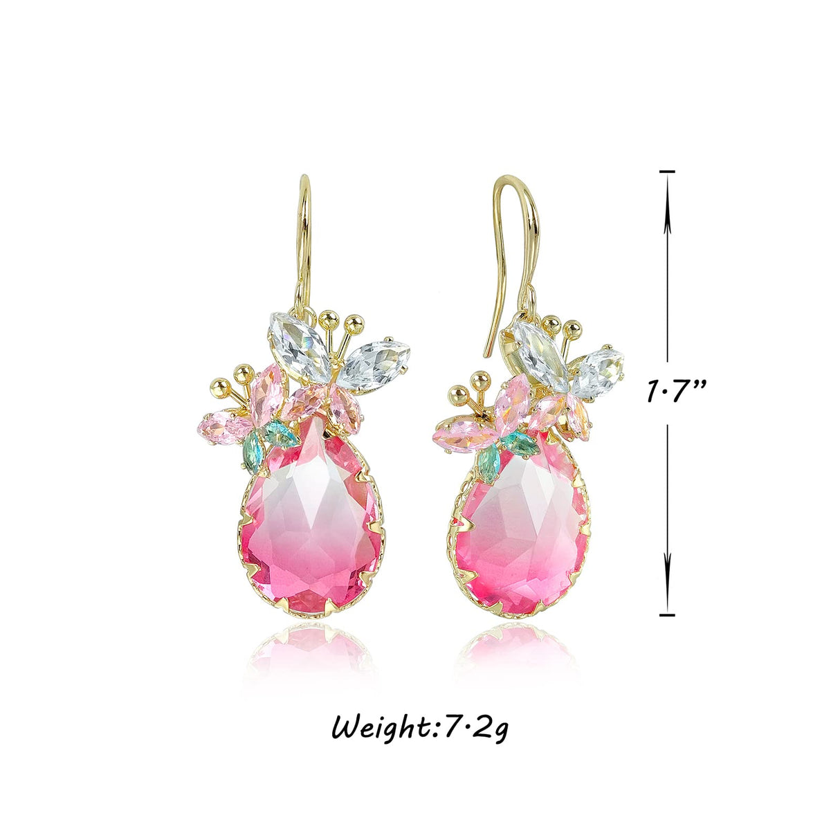 JA.S.JR Pink Crystal Teardrop Earrings CZ Butterfly Earrings Gold Dangle Earrings Jewelry Gift for Women