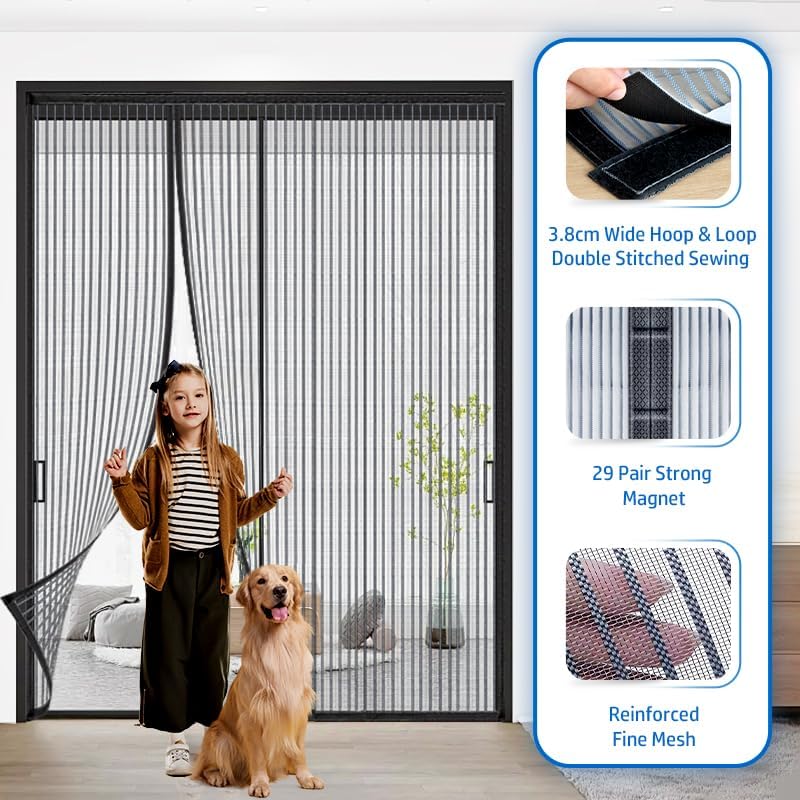 Heavy Duty Door Screen Magnetic Closure, LOVIGA 2024 Thickened Fiberglass Screen Door Mesh, Self Sealing, Side Opened, Pets Friendly, Fine Mesh Keep Bugs Out Fit Door Size 70 Inch X 80 Inch