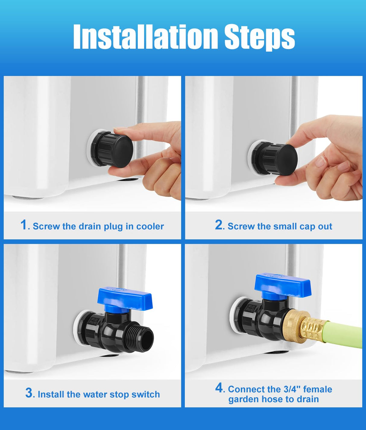 WADEO Cooler Drain Plug Hose Connection, Replacement Drain Plug with PVC Garden Hose Shut Off Valve for YETI Cooler, YETI Tundra Cooler, Roadie Cooler, Tank Cooler and RTIC 20QT, 45QT, 65QT Cooler