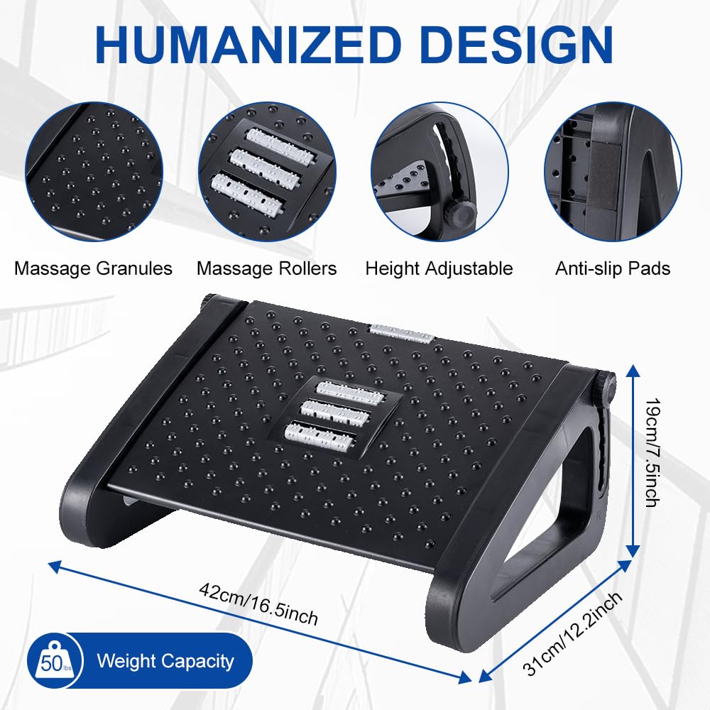 ZLMHYYM Foot Rest for Under Desk at Work - Six Heights Adjustable Under Desk Footrest - Ergonomic Foot Stools for Under Office Desks - Desks Foot Rest with Massage Rollers - Leg Rest for Chair (Black)
