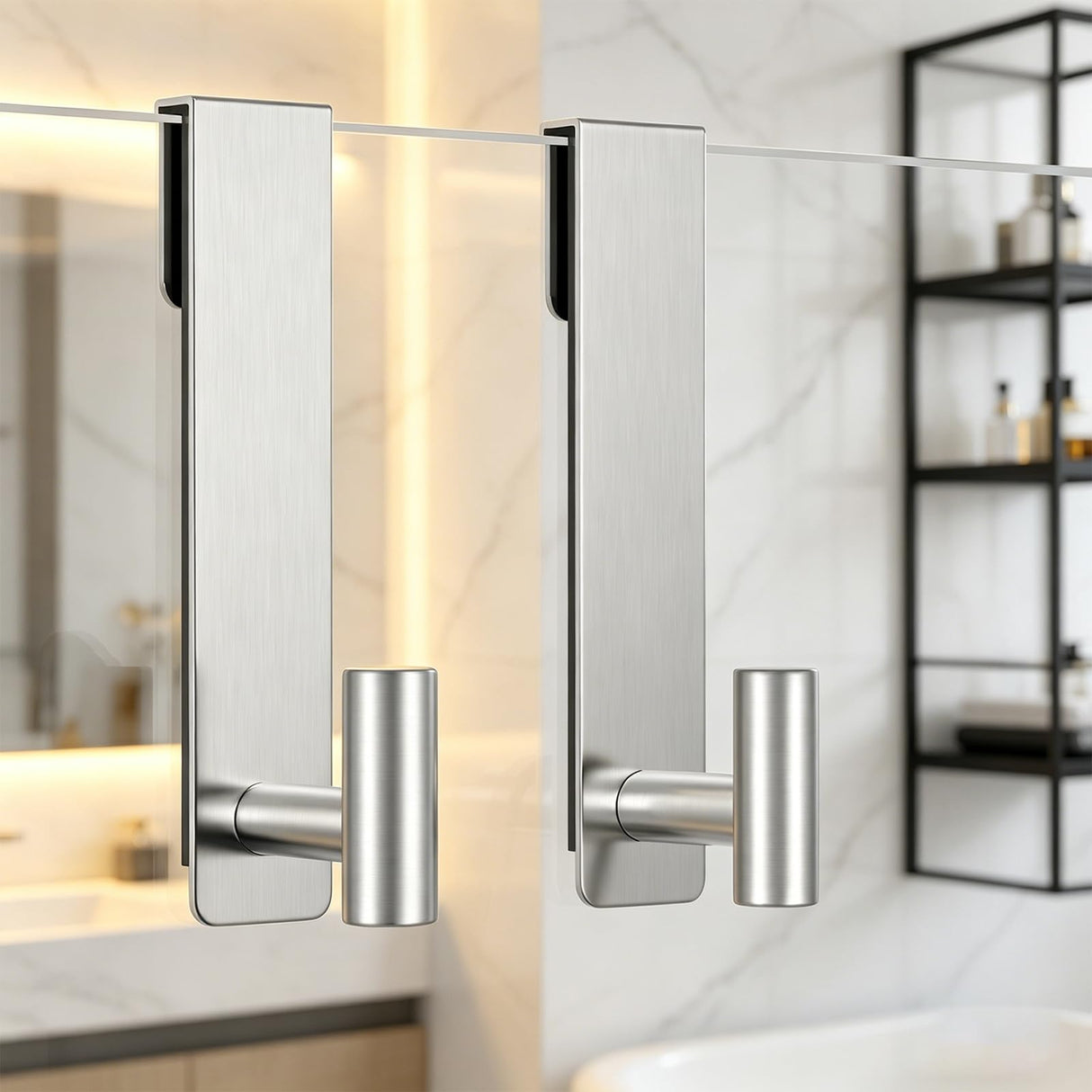 HUFEEOH Shower Towel Hooks, 7.5-Inch Extended Over Glass Shower Door Hanger for Towels & Robes, Rustproof Bathroom Towel Rack, 2-Pack (Silver, T Shape)