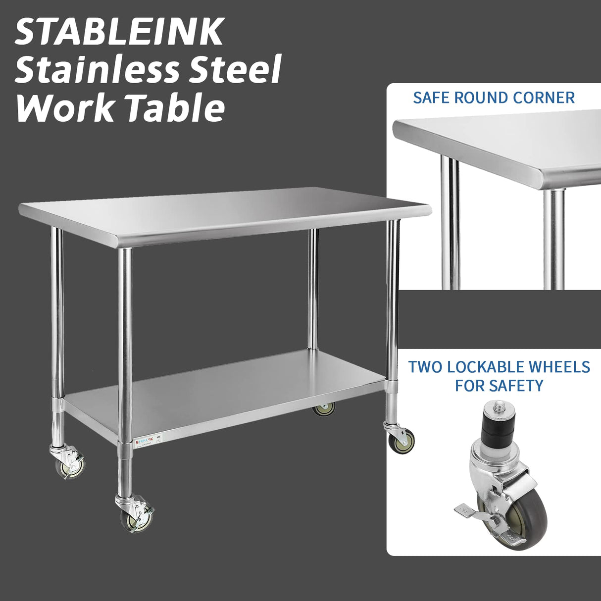 STABLEINK Stainless Steel Table with Wheels 24 x 60 Inches 5ft, NSF Commercial Prep & Workbench with Adjustable Undershelf and Casters, for Commercial Kitchen, Restaurant, Hotel,Laundry and Garage