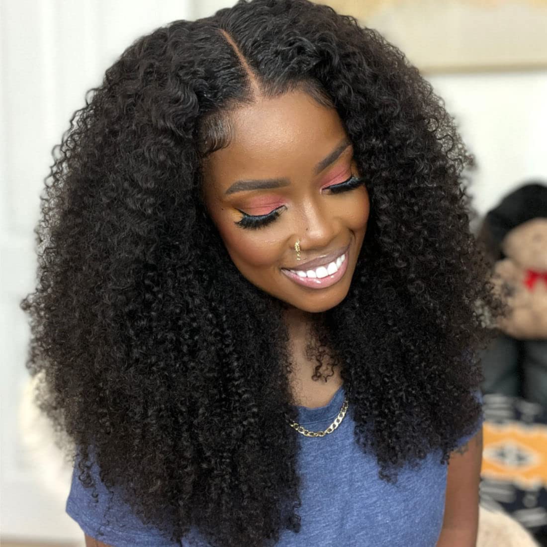 Ladoux 13x6 Kinky Curly Lace Front Wigs for Women Afro Kinky Curly Glueless Human Hair Wigs 180% Density Pre Plucked With Baby Hair HD Transparent 14Inch Kinky Curly Wigs