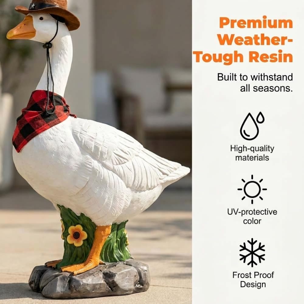 VTYER 2026 New Adjustable Large Porch Goose Statue – 14 Inch Realistic Hollow Plastic Garden Goose with Removable Cowboy Hat & Bandana, Stone Base with Sand-Fillable Design (White)