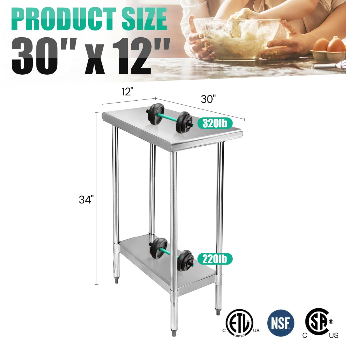STABLEINK NSF Stainless Steel Table 30 x 12 Inches, Metal Prep & Work Table with Adjustable Undershelf, for Commercial Kitchen, Restaurant, Hotel and Garage,Small Tables