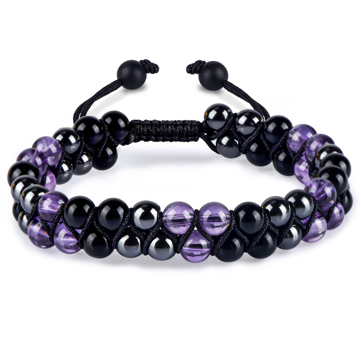 Triple Protection Bracelet for Women, Genuine Healing Crystal Bracelet Amethyst Black Obsidian Hematite 6mm, Pyramid Energy Crystal Beads Bracelet Christmas Gifts for Mom Wife for Protection Balance