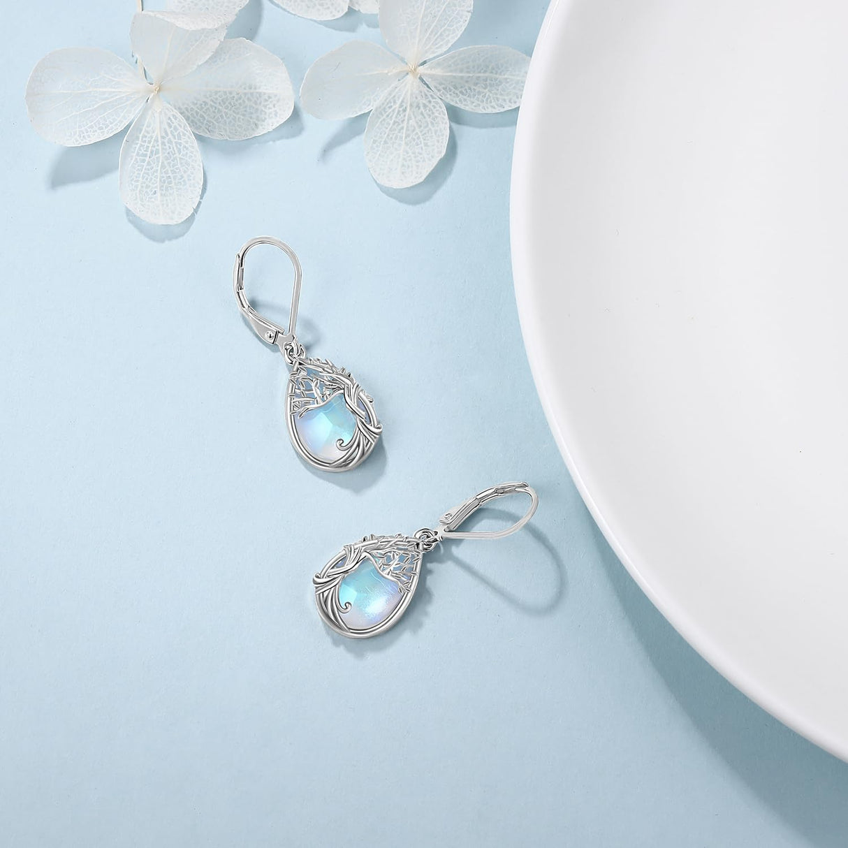 Odinstone Sterling Silver Earrings Tree of Life Moonstone Earring for Women