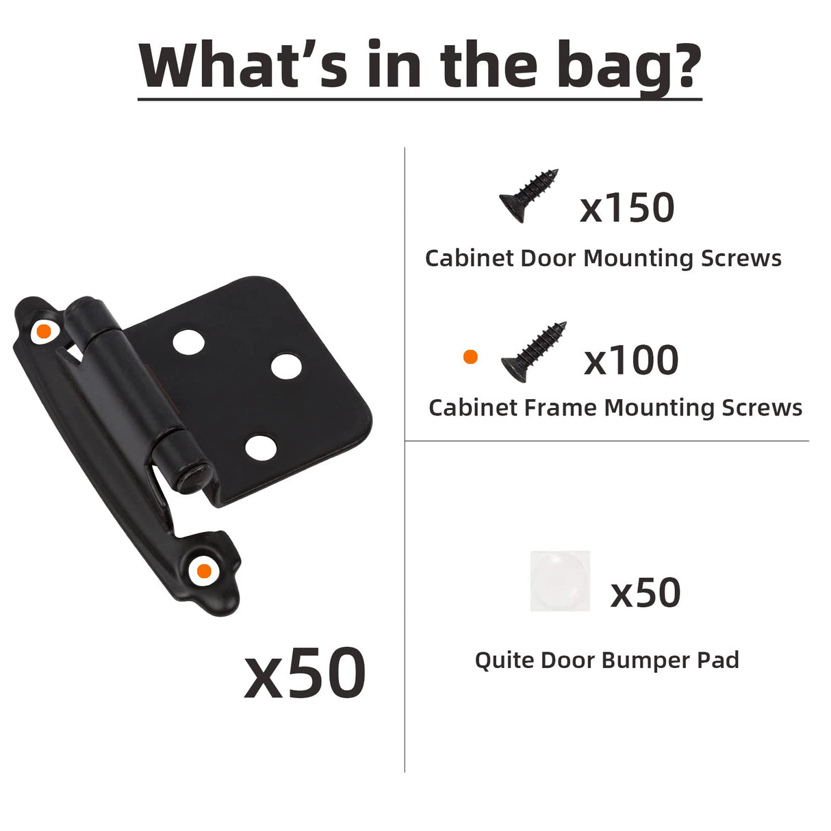 Decobasics 1/2" Overlay Matte Black Cabinet Hinges 50 Pack (25 Pair) Self Closing Bath & Kitchen Cabinet Hinges Black Flush Mount w/Door Bumpers & Upgraded Screws