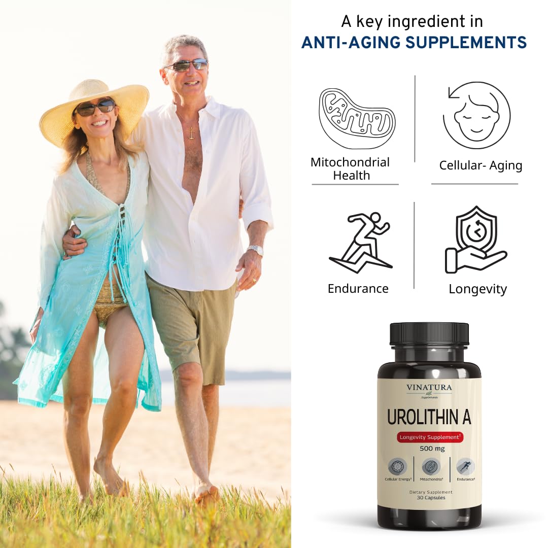 VINATURA Urolithin A Supplement 500mg - Urolithin A+ for Powerful Antioxidants, Anti Aging and Mitochondrial Support, 30 Capsules