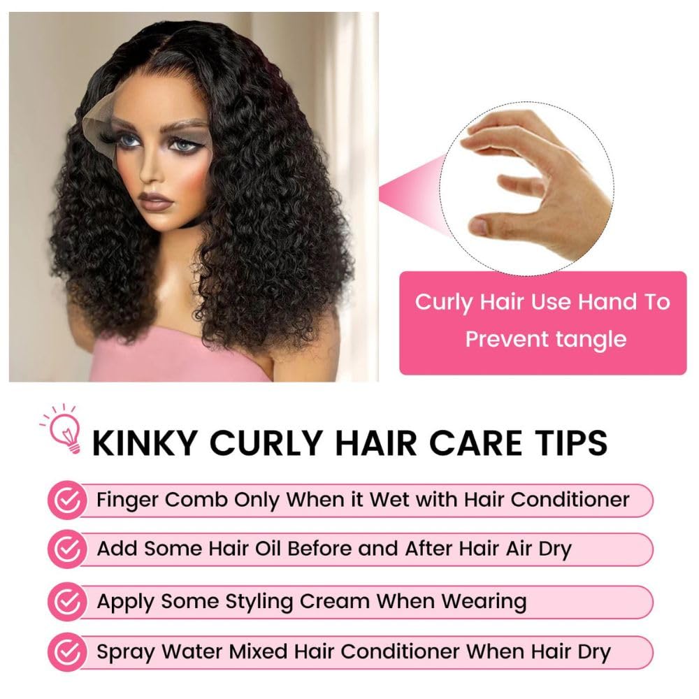 Bestdilin Curly Lace Front Wigs Human Hair 13x6 Kinky Curly HD Transparent Lace Frontal Wig for Women Short Curly Wigs Pre Plucked With Baby Hair 220% Density Glueless Hair Curly Wigs (16 Inch)