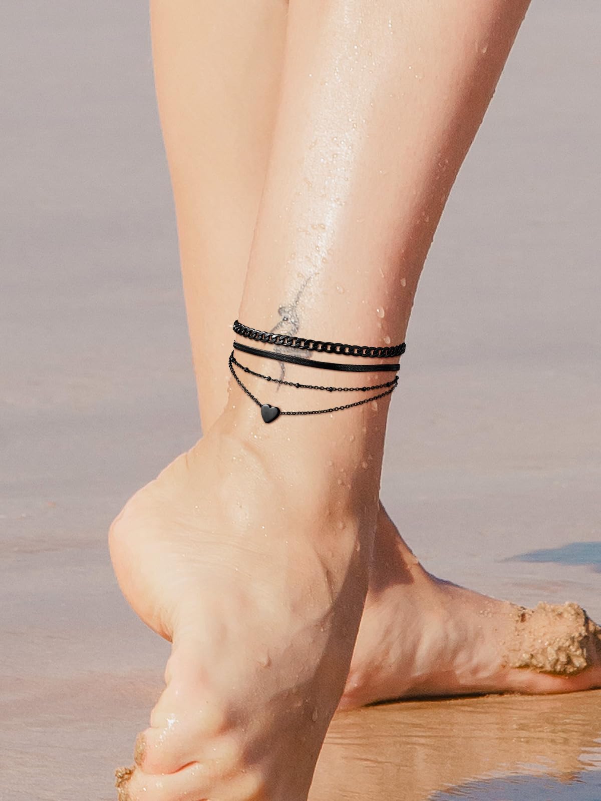 FindChic Cuban Link Anklets for Women Black Ankle Bracelets Waterproof Herringbone Chain Layered Foot Jewelry