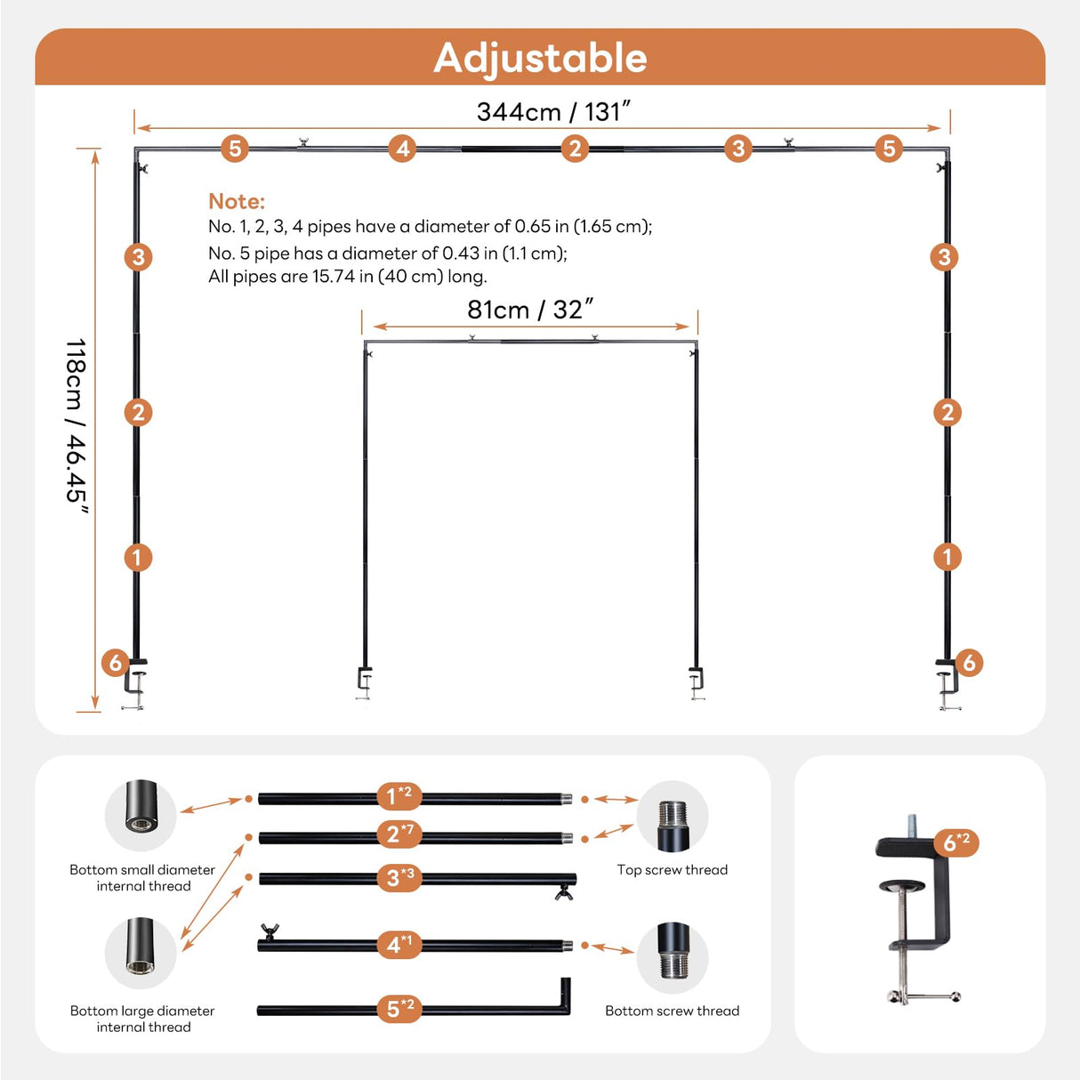 XLHOMO Over The Table Rod Stand with Clamps, Adjustable 32''-79'' Tall 32"-131" Length, Black Table Arch Stand Metal Balloon Frame Hanging Rod for Weddings Birthdays Party Garden Arbors Decoration