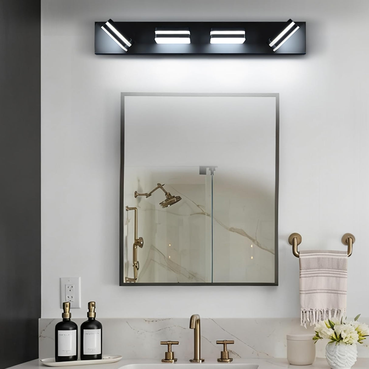 360° Rotate LED Bathroom Vanity Light Fixtures, 1600LM Acrylic Matte Black Vanity Lights for Bathroom, Modern Wall Lighting Fixtures Over Mirror Kitchen Living Room Hallway (Natural White Light 5000K)