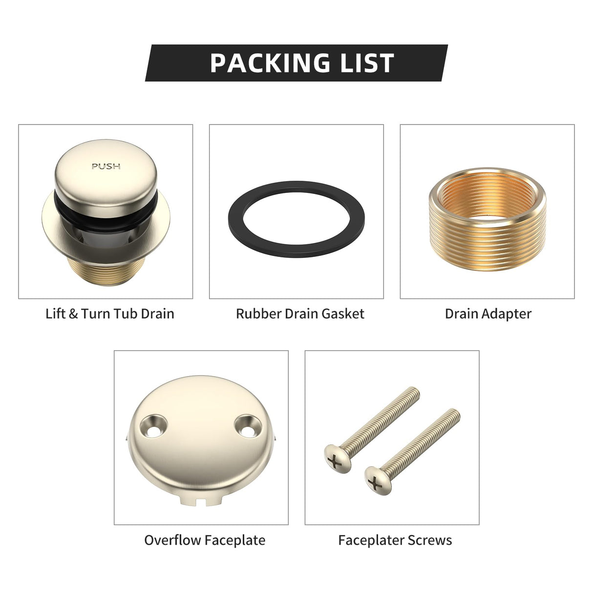 All Metal Tip-Toe Bathtub Drain Kit with Two-Hole Overflow Faceplate and Universal Fine/Coarse Thread Assembly, Bath Tub Drain Kit fits All Bathtub -Brushed Nickel