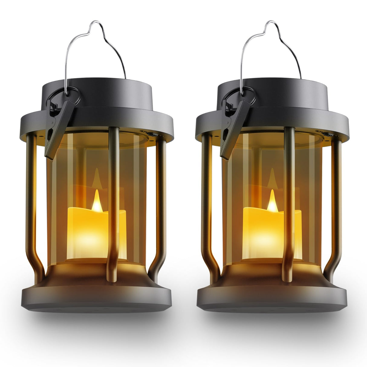 FriutShine Solar Lantern Outdoor & Indoor Use – Hanging Solar Lights with Realistic Flickering Flameless Candle, Weatherproof for Gardens, Patios, Trees, and Lawns (Black + Gray, 2 Pack)