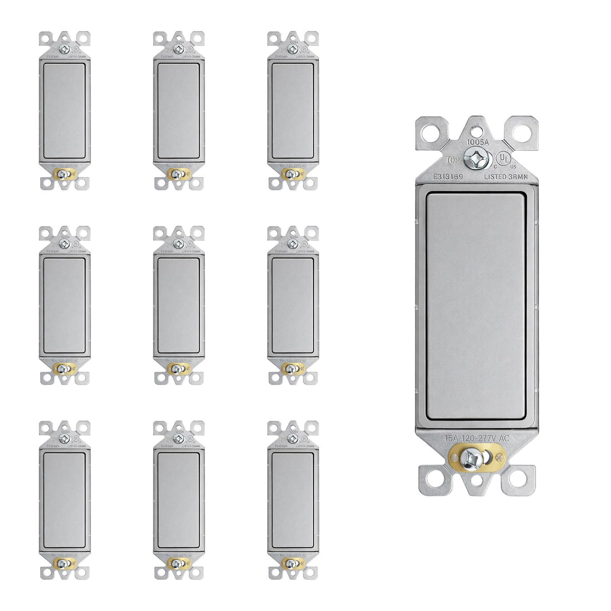 ELEGRP Matte Gray 3 Way Decorator Light Switch, 15A 120-277V, Paddle Rocker Switch Replacement, On/Off Wall Switch, Self-Grounding, Residential Grade, UL/CUL, 10 Pack