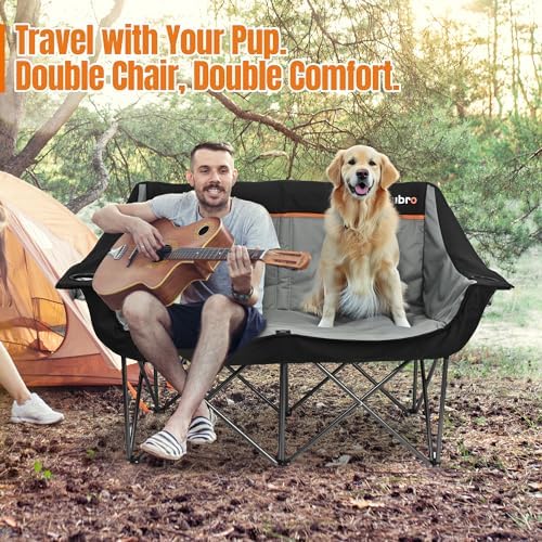 Oversized Double Camping Chair for Adults, Fully Padded Folding Camping Chairs Loveseat, Big Heavy Duty Outdoor Patio Lawn Chair with Arm Cup Holder