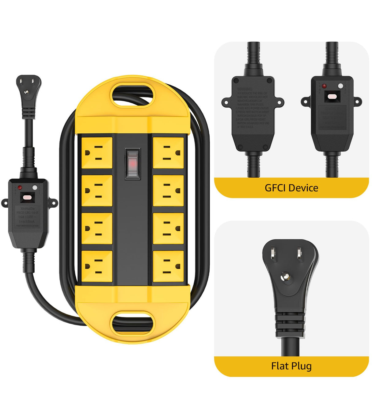 CCCEI GFCI Outdoor Power Strip Weatherproof with 8 AC, Waterproof Extension Cord with Multiple Outlets, Wall Mount Surge Protector Flat Plug, Christmas Exterior Garden, Yard, 15FT, Yellow.