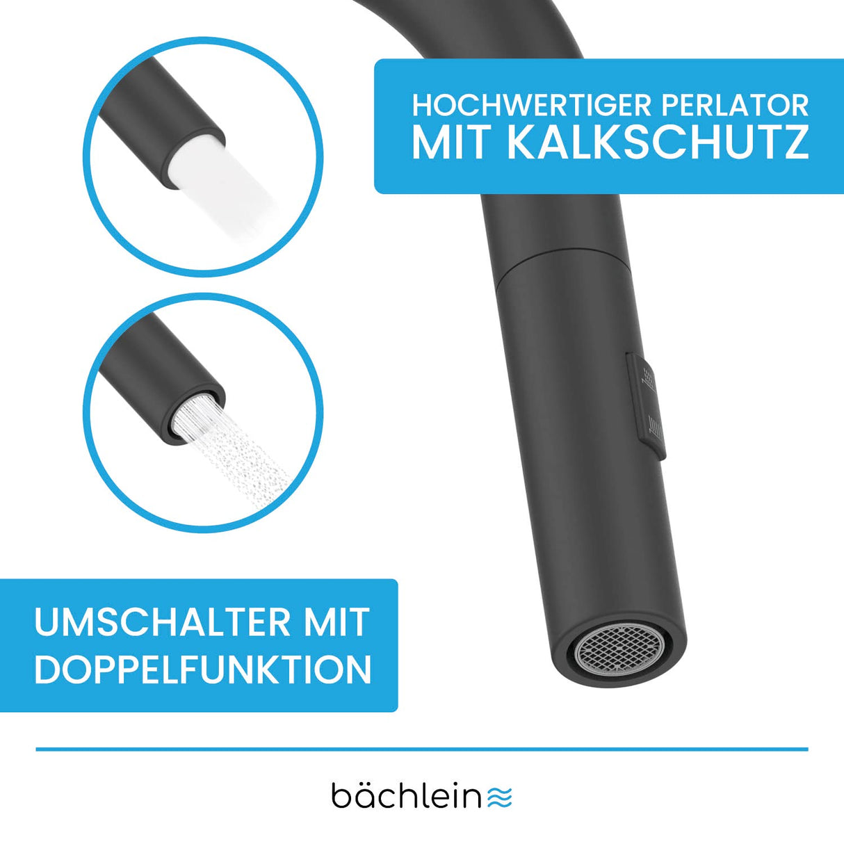 Bächlein Kitchen tap 360° rotatable (matt black) – single-hand basin tap made of stainless steel with pull-out hose and spray head with switch knob, tap for the kitchen