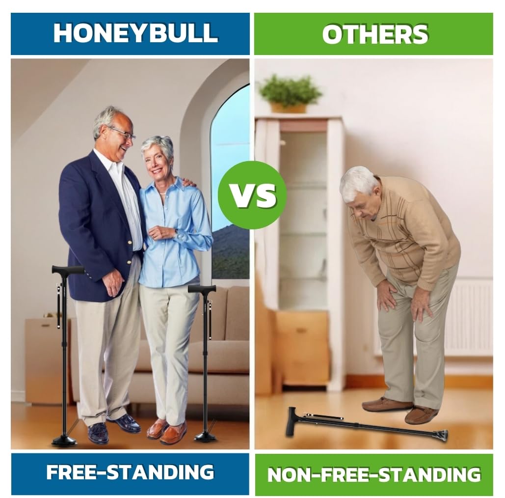 HONEYBULL Walking Cane for Men & Women - Foldable, Adjustable, Collapsible, Free Standing Cane, Pivot Tip, Heavy Duty | Walking Sticks, Folding Canes for Seniors & Adults (Black, Pivot Cane)