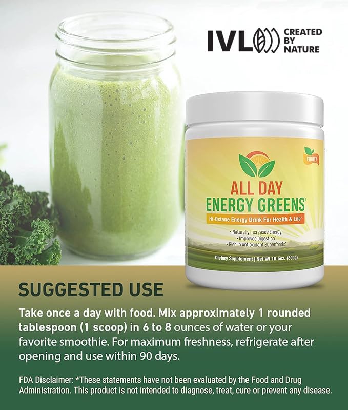 IVL - All Day Energy Greens - Supplement Powder Mix Drink, Greens Powder Superfood - Super Greens Blend for Optimal Nutrition,Energy & Digestion,Superfood Boost(Fruity Flavor)