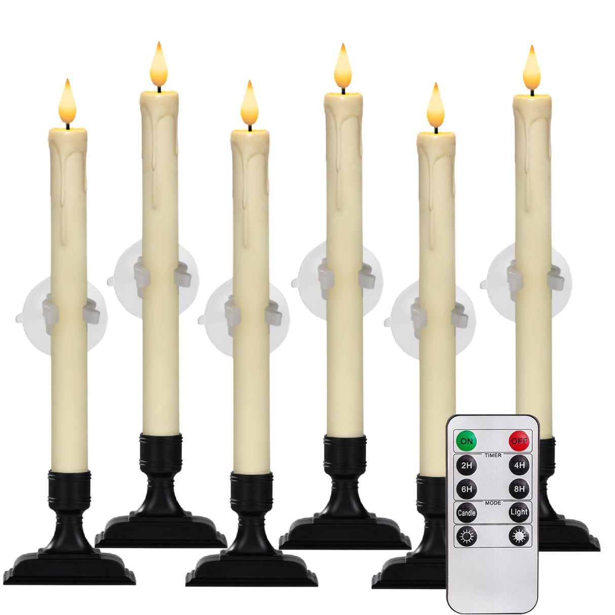 Homemory Window Candles with Remote Timer Dimmer - 6 Pcs Battery Operated Ivory Flameless Tapers with Holders and Suctions - LED Candlesticks for Christmas, Xmas Holiday Decor