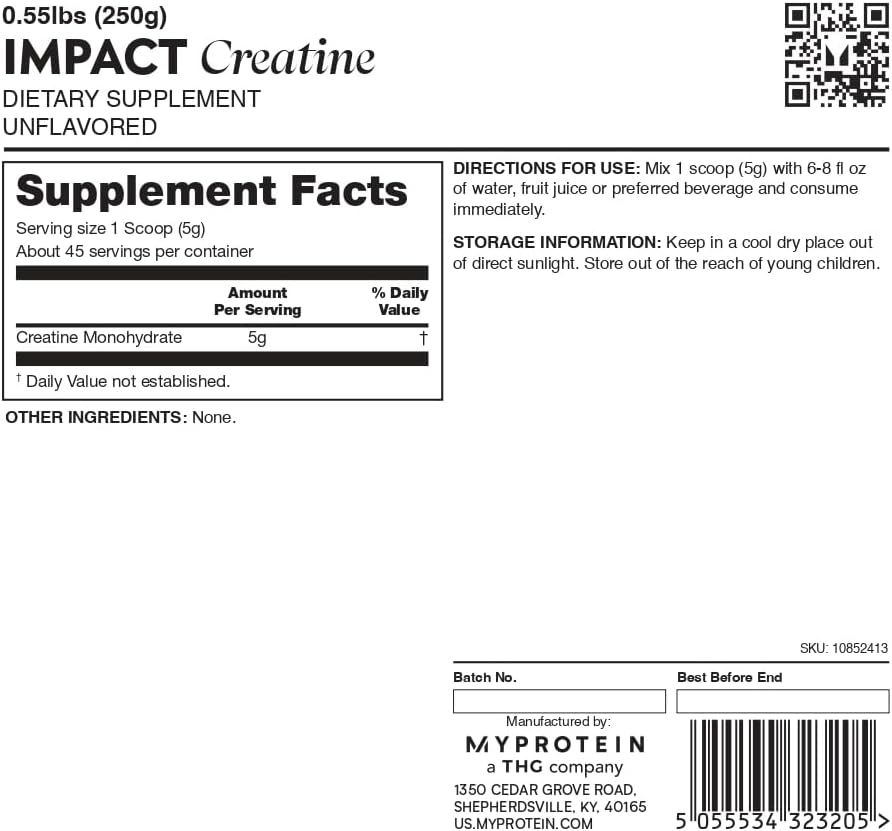 Myprotein Creatine Monohydrate Powder, 0.5 Lb (50 Servings) Pure Unflavored Creatine Powder, Post/Pre Workout Supplement for All Sports & Exercises