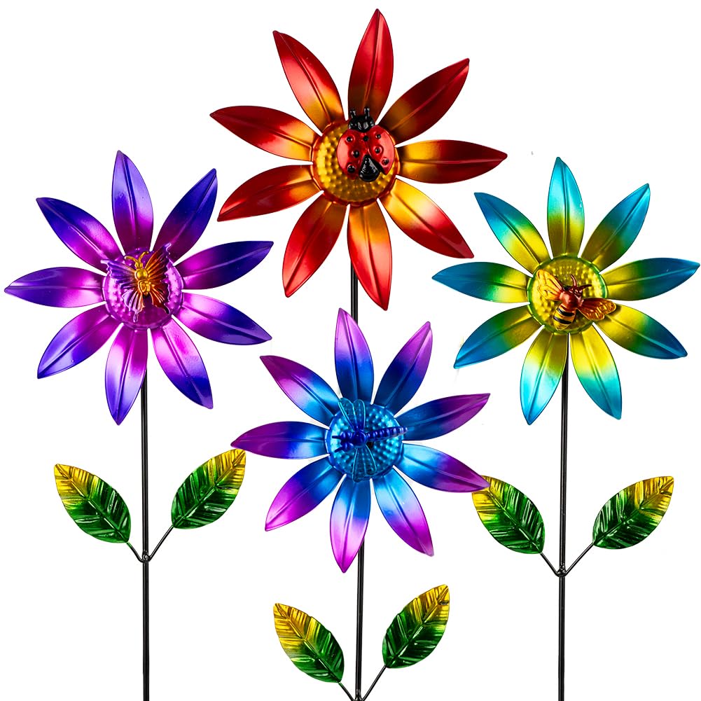 Sunnylight 4 Packs Wind Spinner Outdoor, Pinwheels for Yard and Garden, Metal Flower Decorative Garden Stakes for Lawn Patio Porch Decor
