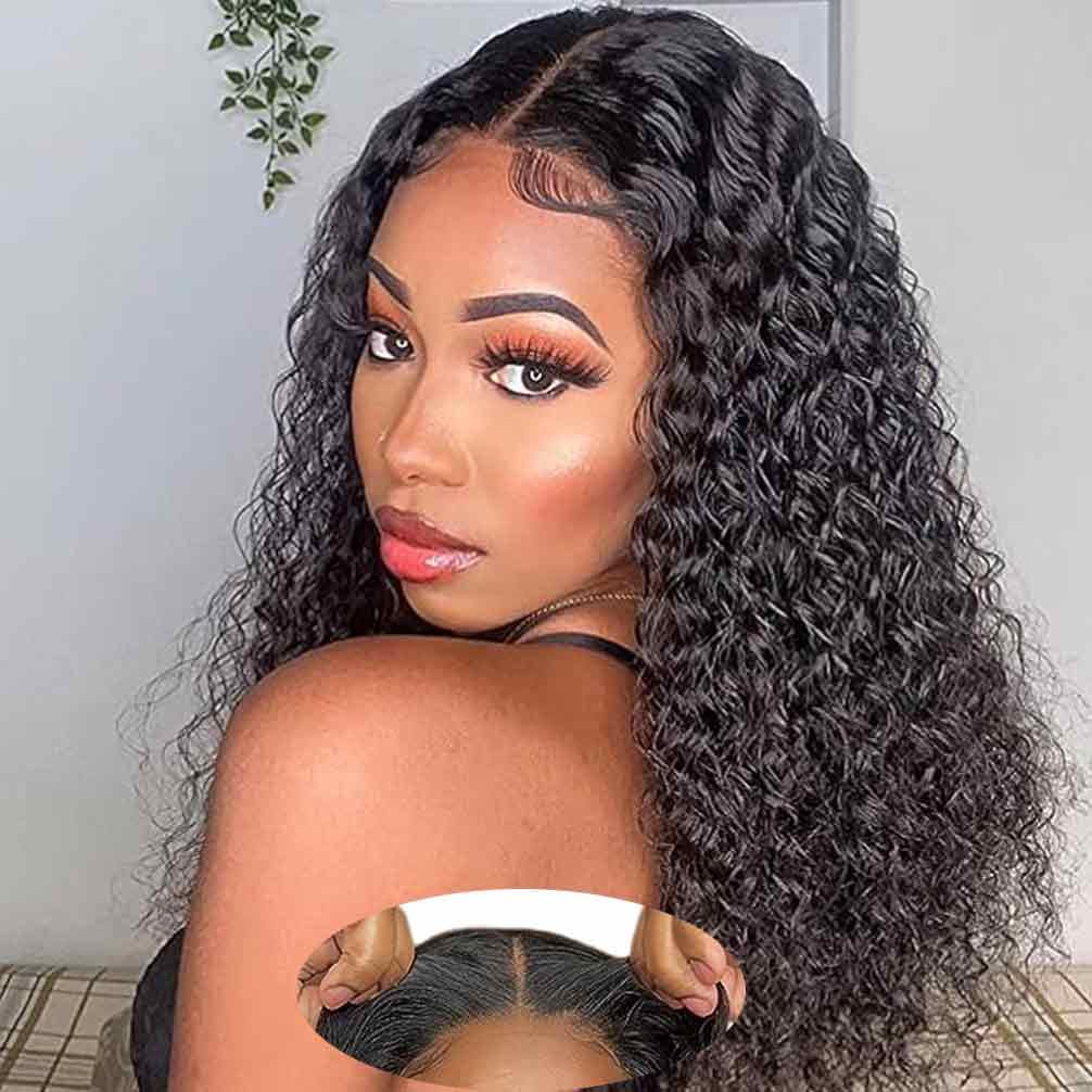 Glueless Wigs Human Hair Pre Plucked Pre Cut 4x4 Lace Front Wigs for Black Women Wear and Go Glueless Wig for Beginners Curly Human Hair Wig (18 Inch)