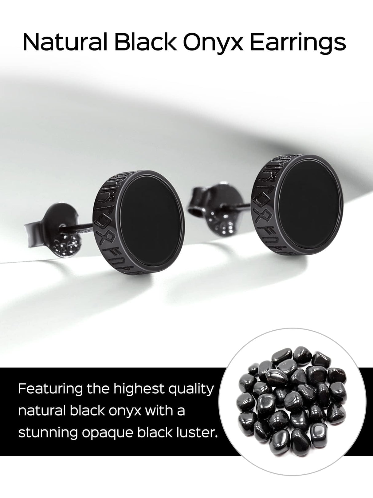ChicSilver 925 Sterling Silver Earrings for Men, Hypoallergenic 8MM Viking Rune Men's Earring, Natural Black Onyx Mens Stud, Fathers Day Christmas Jewelry