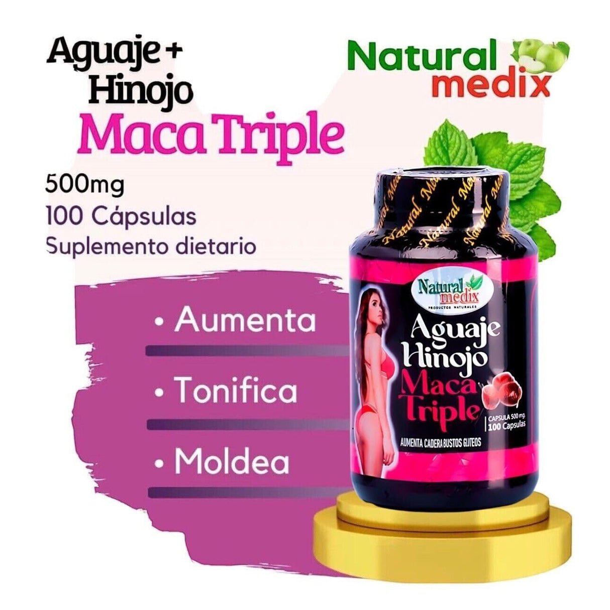 Natural medix Aguaje Hinojo Maca Triple (Maca Root Supplement) Premium 100 Capsules - Peruvian Butt and Breast Enhancement Capsules - Female Health Supplement - Curves Powerful Antioxidant