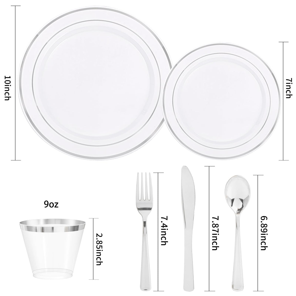 bUCLA 300PCS Silver Disposable Plastic Dinnerware Set - 50 Guests White Silver Disposable Plates Include 50 Dinner Plates,50 Dessert Plates,50 Knives,50 Forks,50 Spoons,50 Cups for Party & Christmas
