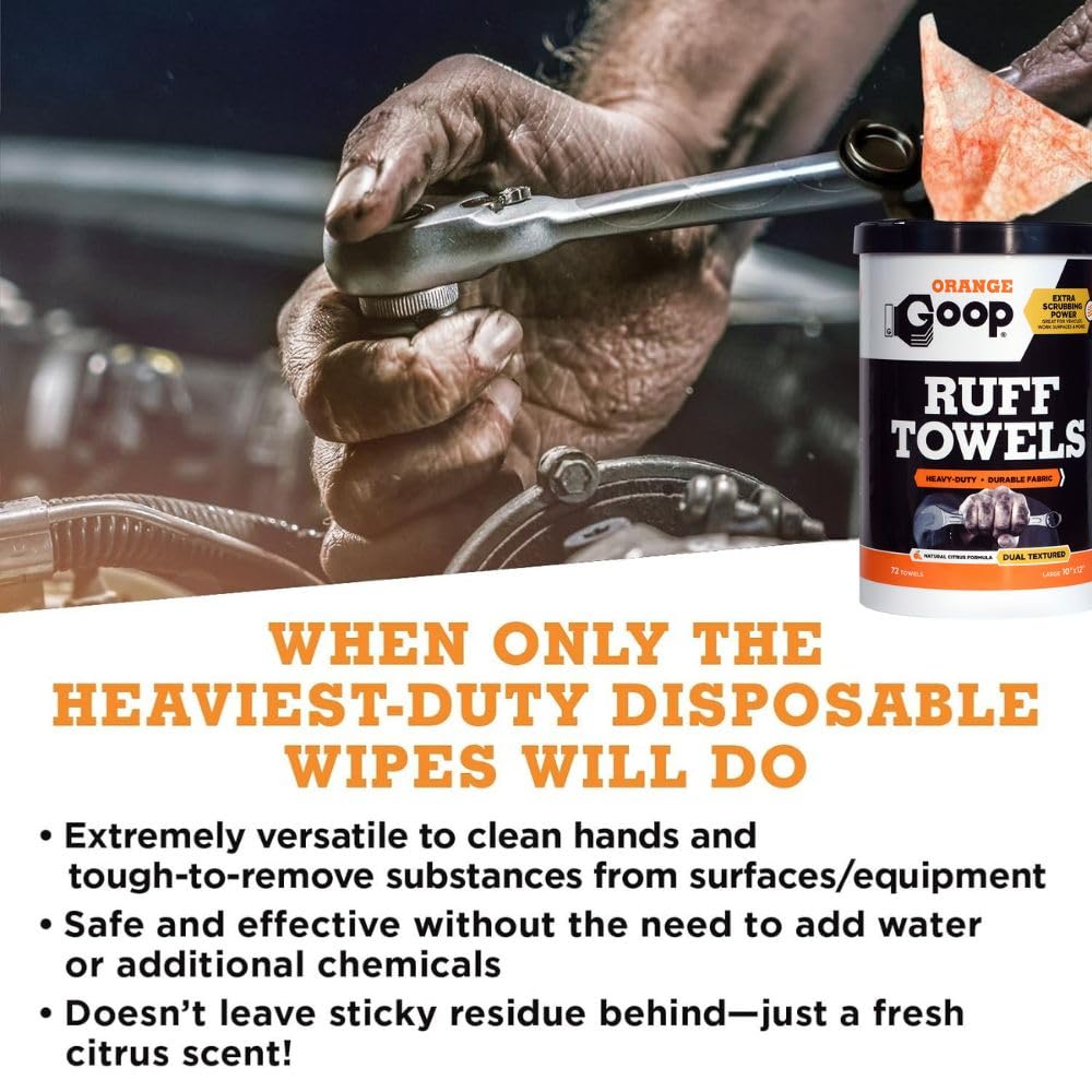 GOOP Orange Heavy Duty Ruff Towels with Scrubbing Power, 10โ x 12โ Dual Textured Multi-Purpose Cleaning Wipes, Removes Dirt, Grease, Oil, 72 Count