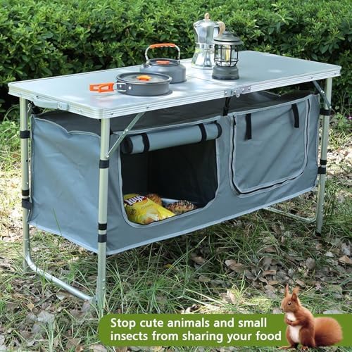 Camping Table, Folding Camping Table with Storage, Portable Kitchen Table, Lightweight, 3 Heights Adjustable Camping Furniture for BBQ, Picnic, Camping, Hiking, Beach, and Indoor