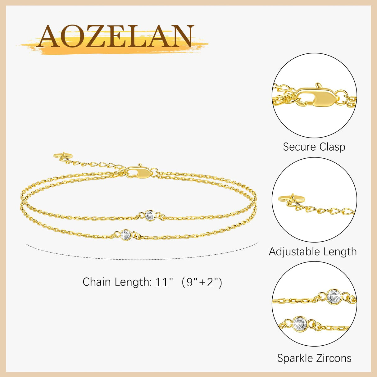 AOZELAN 14K Gold Anklets for Women Gold Anklet Ankle Bracelets for Women Double-Layer Design with Cubic Zirconia Paperclip Ankle Bracelet for Womens 11(9+2) Inches
