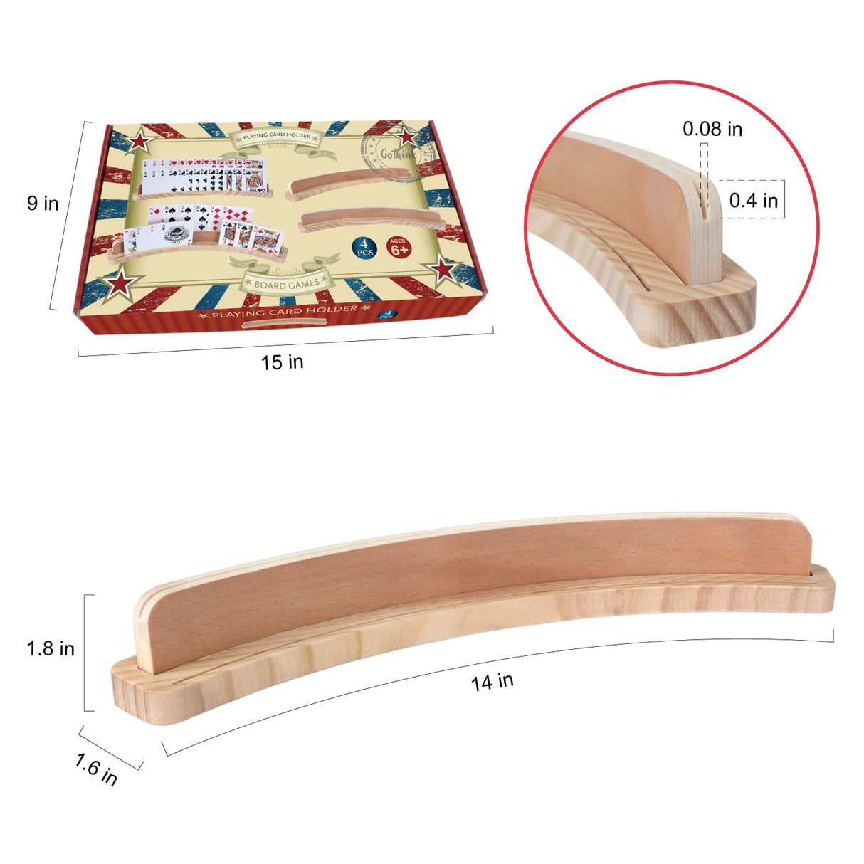 GOTHINK Set of 4 - Cruved Playing Card Holder for Kids Adult Seniors 2 Slot Solid Wood Cards Holders for Playing Cards 14 x 1.6 x 1.8 Inch Non Slip Card Deck for Bridge Canasta Strategy Card Games