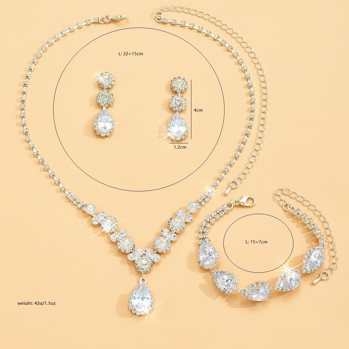 Paxuan Silver / Gold Rhinestone Crystal Wedding Bridal Bridesmaids Earrings Bracelet Set for Women Brides Bridesmaids Crystal Rhinestone Jewelry Set for Wedding Bridal Prom Pageant (Style2 - Necklace + Earrings + Bracelet(Silver Plated White Cubic Zirconi