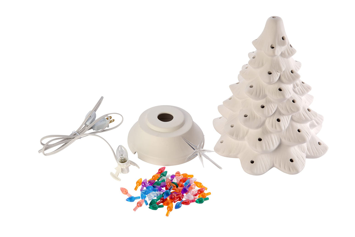 Creative Hobbies Ready to Paint Ceramic Bisque, Large 15.5" Christmas Tree & Base - Light Up! - Electrical Cord, Bulb, Multi-Colored Twists, & Star Included