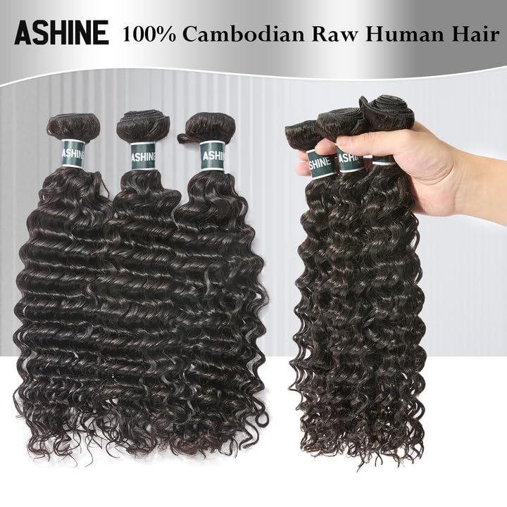 ASHINE Human Hair Bundles Deep Wave Unprocessed Cambodian Raw Hair 16 18 20 Inch, Flip Over Quick Weave Wet and Wave Bundles for Women Natural Black