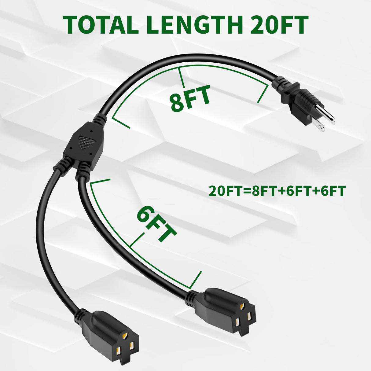 2 Way Power Extension Cord Splitter 20 Ft Total (8+6+6)-3 Prong 1 to 2 Extension Cord Cable Y Splitter-Outlet Adatper-SJTW Outdoor for Halloween Christmas Lighting Landscaping-16AWG 13A 125V-UL-1T2
