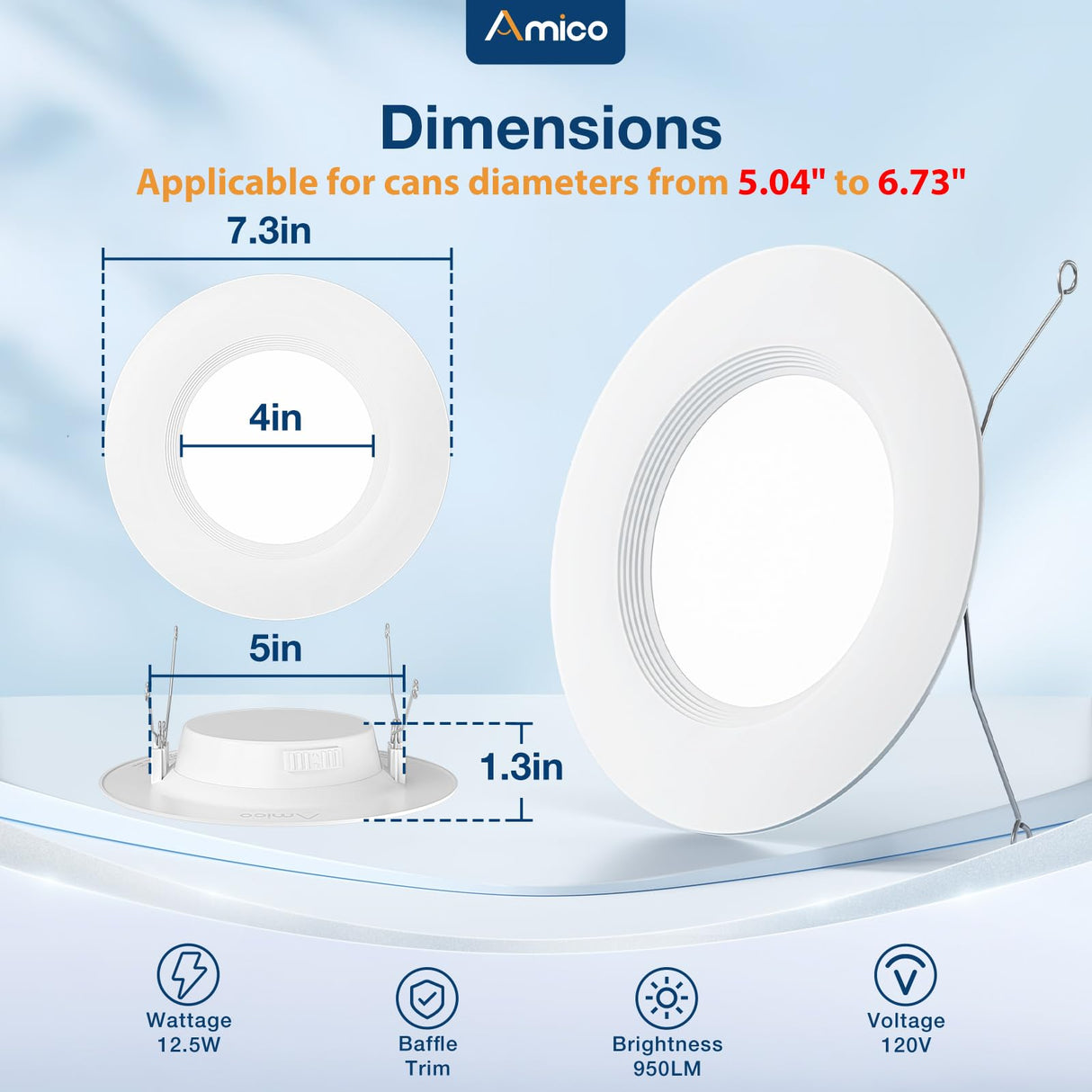 Amico 4 Pack 5/6 inch 5CCT LED Recessed Lighting, Dimmable, 12.5W=100W, 950LM, 2700K/3000K/4000K/5000K/6000K Selectable, Retrofit Can Lights with Baffle Trim, IC Rated - ETL & FCC, White