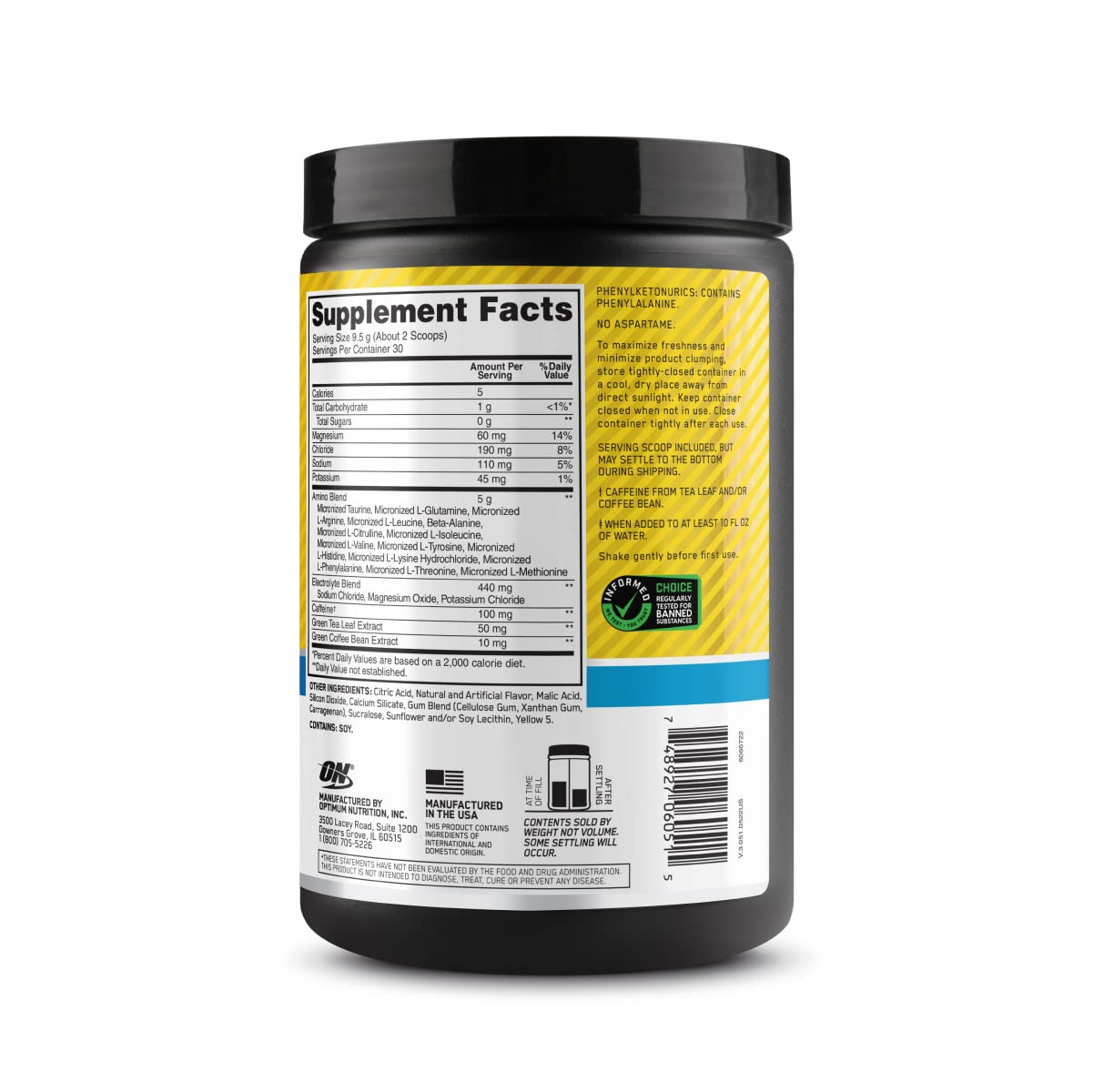 Optimum Nutrition Amino Energy Powder Plus Hydration, with BCAA, Electrolytes, and Caffeine, Pineapple Twist, 30 Servings (Packaging May Vary)