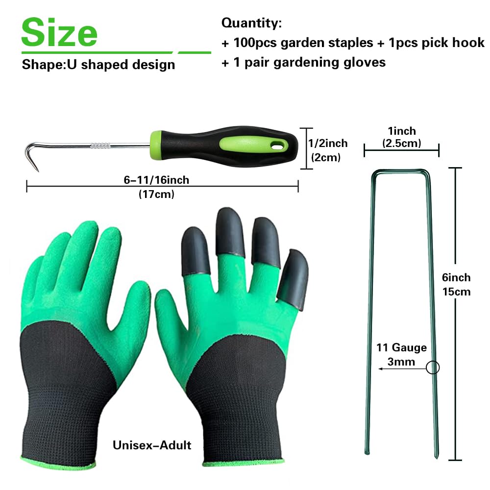 Bakulyor 100Pcs Green Landscape Staples 6 Inch Garden Artificial Turf Stakes Staples, 11 Gauge Lawn Galvanized Ground Fabric Pins for Weed Barrier Sod Decorations Holding Fence and Irrigation Tubing