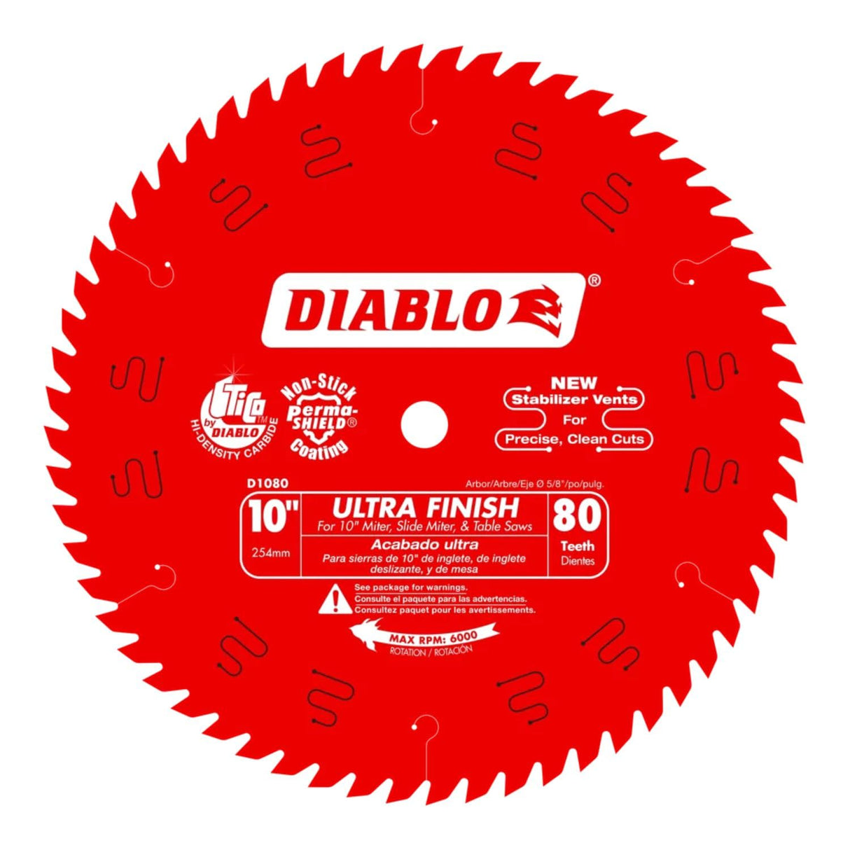 Diablo Ultra Finish Saw Blade for Wood - 10" Diameter, 80 Hi-ATB Teeth, 5/8" Arbor, .098" Kerf, 15° Hook Angle, .071" Plate, 6000 Max RPM - D1080X
