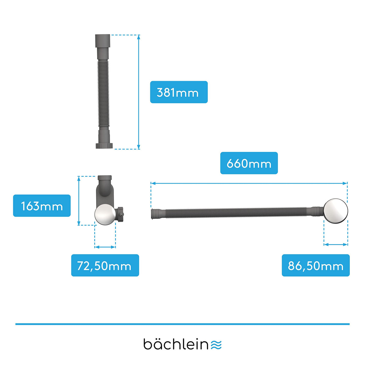 Bächlein Pop-up Drain for The Bathtub, pop-up Function with Sieve for a Clean Bathtub Drain, Complete kit with Flexible Overflow, Overflow Cover and Siphon
