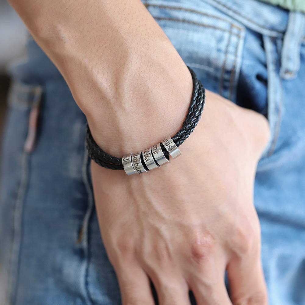 Novgarden Custom Mens Bracelets with 1-8 Engraved Beads, Dad Gifts for Fathers Day, Leather Braid Bracelet with Kids Names Personalized Men's ID Bracelet Gifts for Grandpa Husband Boyfriend