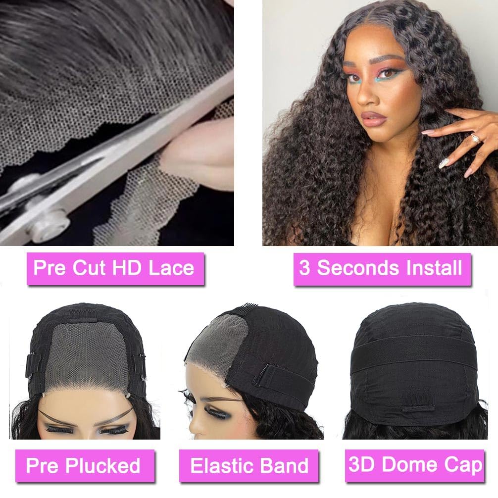 Glueless Wigs Human Hair Pre Plucked Pre Cut 4x4 Lace Front Wigs for Black Women Wear and Go Glueless Wig for Beginners Curly Human Hair Wig (18 Inch)