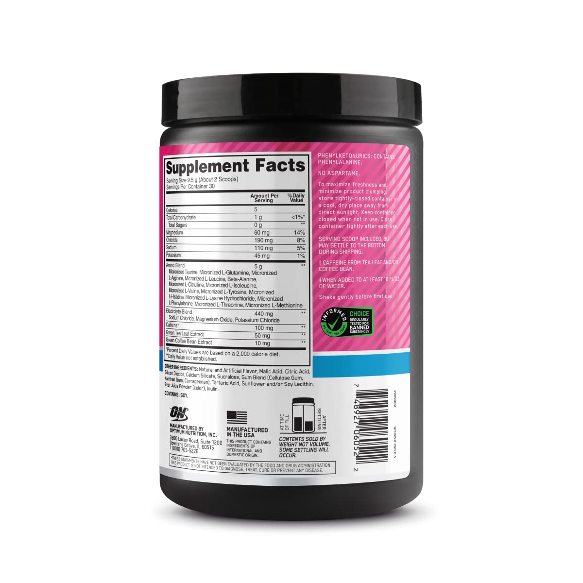 Optimum Nutrition Amino Energy Powder Plus Hydration, with BCAA, Electrolytes, and Caffeine, Watermelon Splash, 30 Servings (Packaging May Vary)